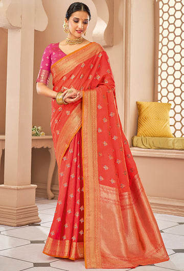 Coral Red Silk Party Wear Saree with Contrast Blouse