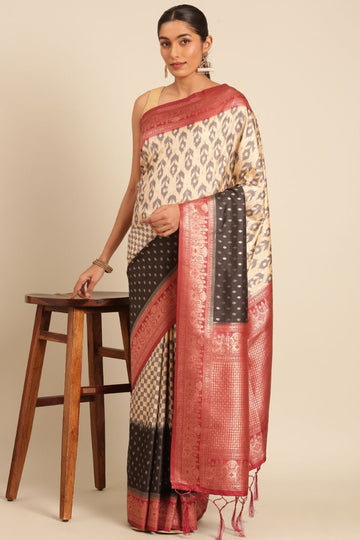 Cream and Black Silk Weaving Work Saree for Festival