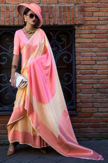 Cream and Cherry Pink Handloom Weaving Silk Saree for Party