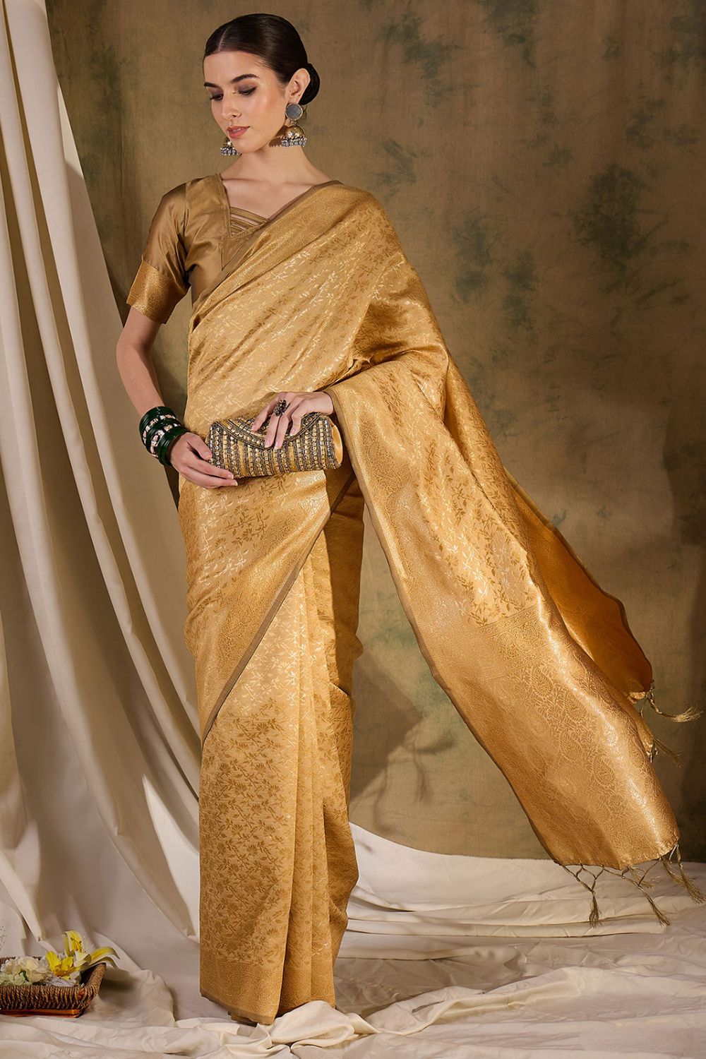 Cream Banarasi Silk Woven Saree for Festival