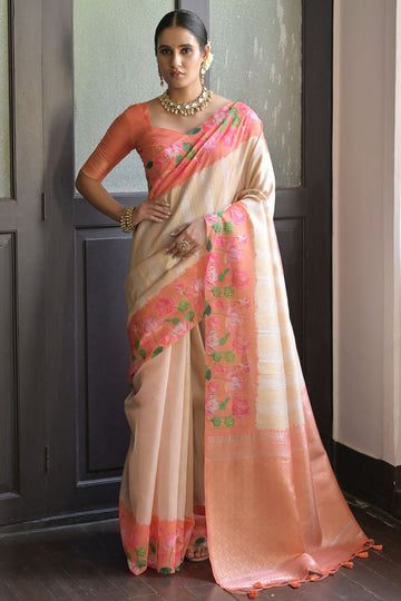 Cream Banarasi Silk Zari Woven Party Wear Saree