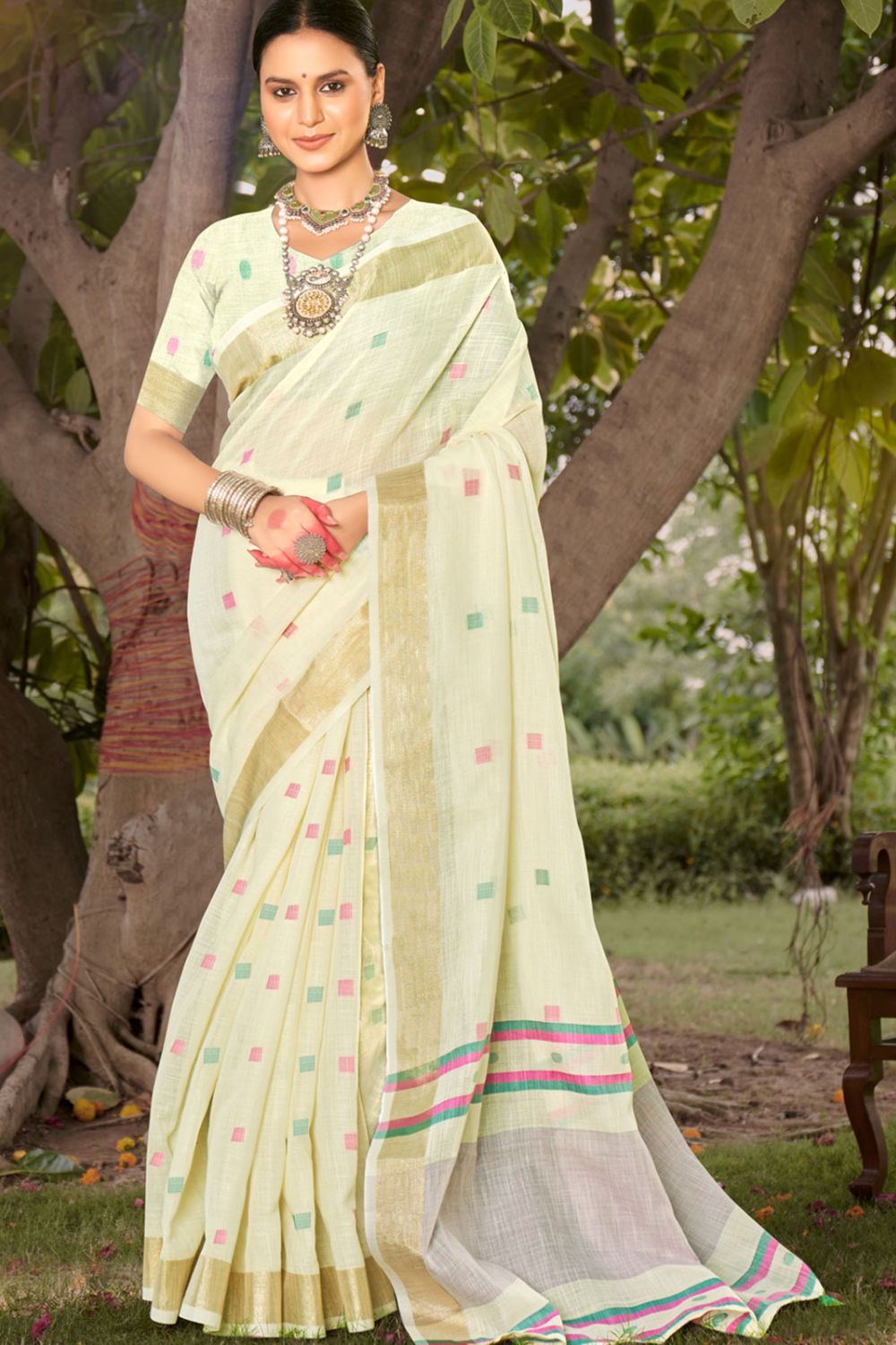 Cream Cotton Woven Saree