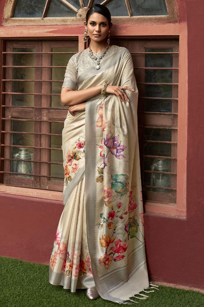 Cream Art Silk Printed Saree for Party