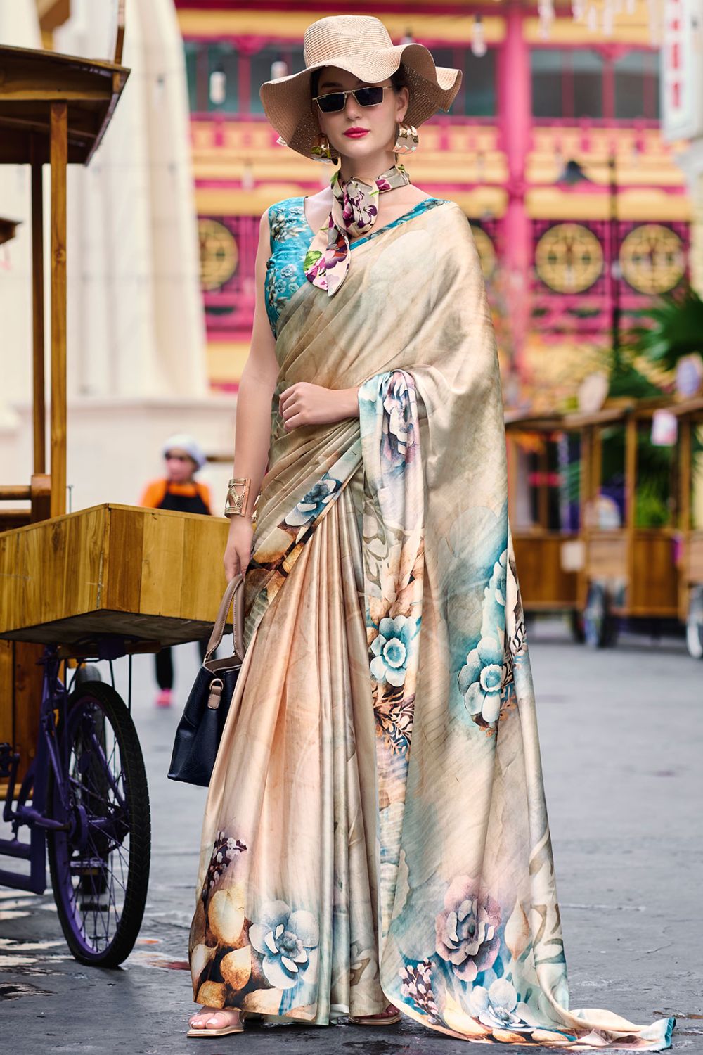 Cream Abstract Print Satin Crepe Saree