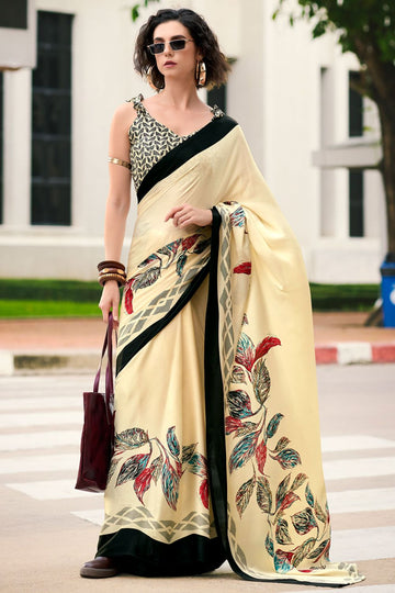 Cream Digital Print Satin Saree