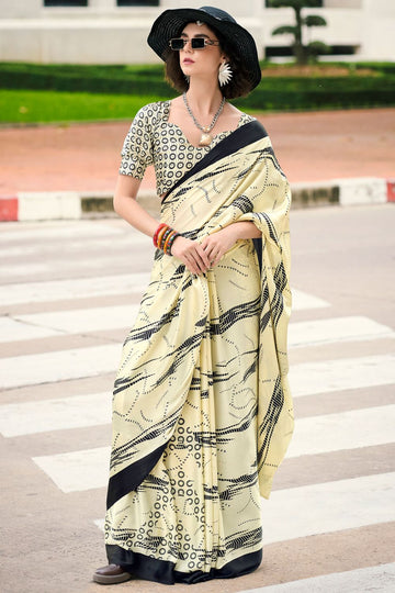 Cream Digital Print Satin Saree