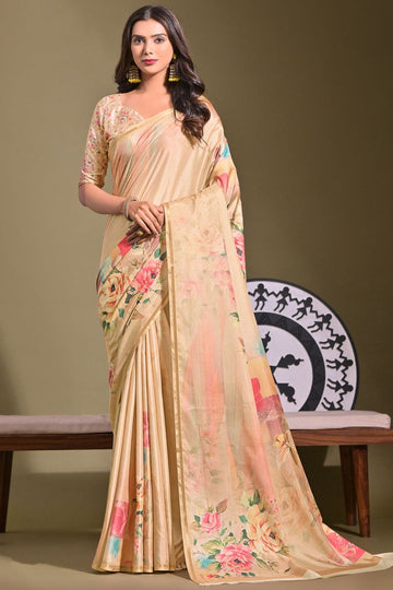 Cream Floral Printed Tussar Silk Saree for Party