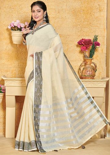 Cream Linen Weaving Work Saree