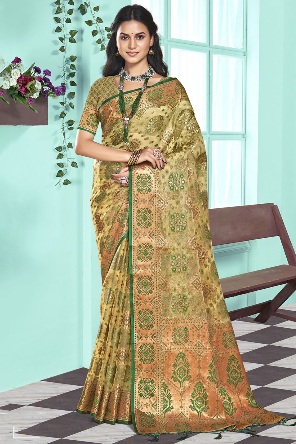 Cream Organza Party Wear Saree