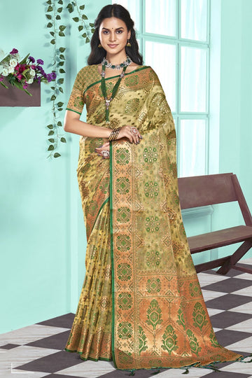 Cream Woven Partywear Organza Saree