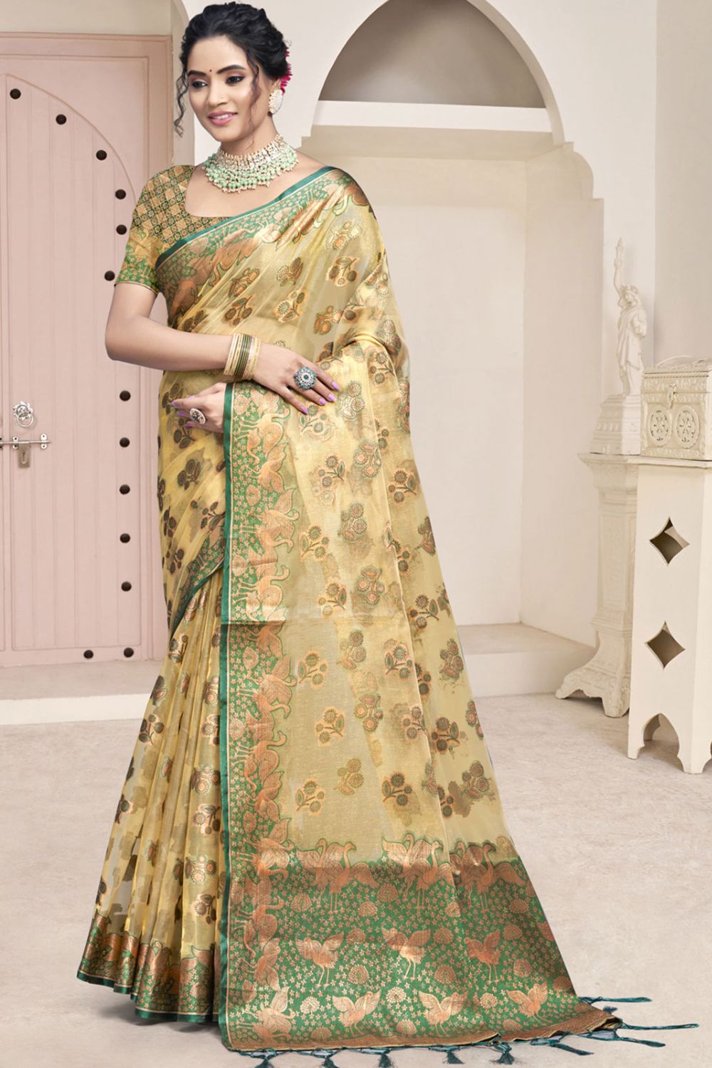 Cream Organza Woven Saree