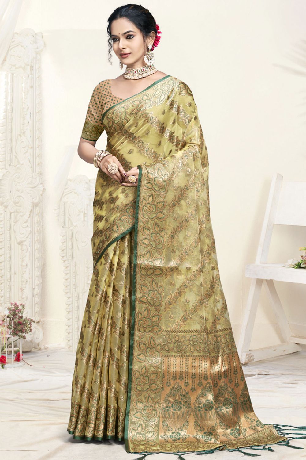 Cream Organza Woven Saree