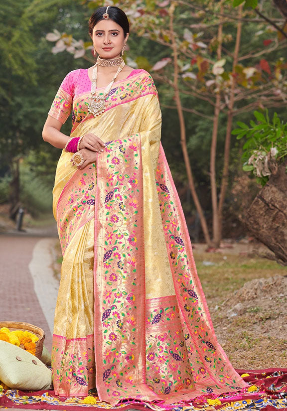 Cream Paithani Silk Zari Weaving Work Saree