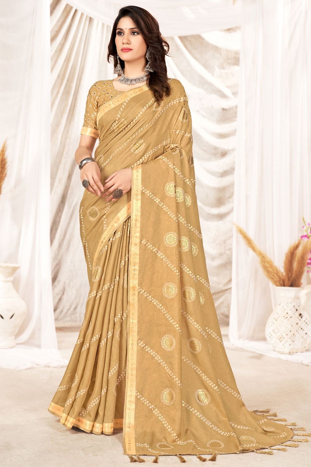 Cream Foil Printed Party Wear Saree