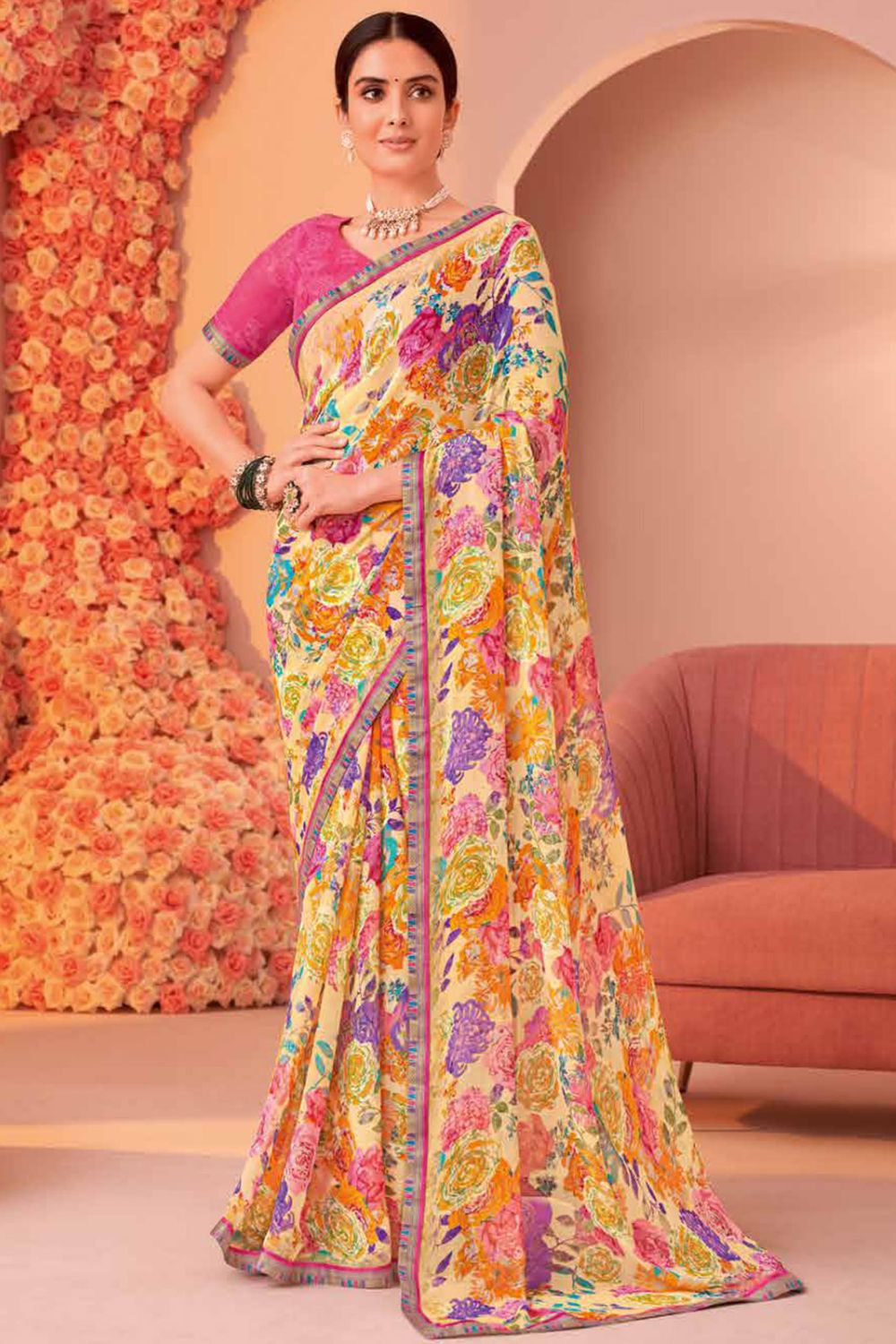 Cream Printed Georgette Casual Wear Saree