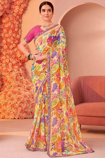 Cream Printed Georgette Casual Wear Saree