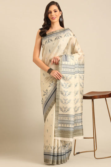 Cream Cotton Printed Saree