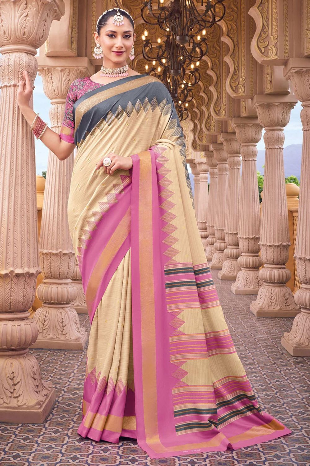 Cream Silk Printed Saree