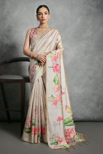 Cream Printed Tussar Silk Digital Printed Saree