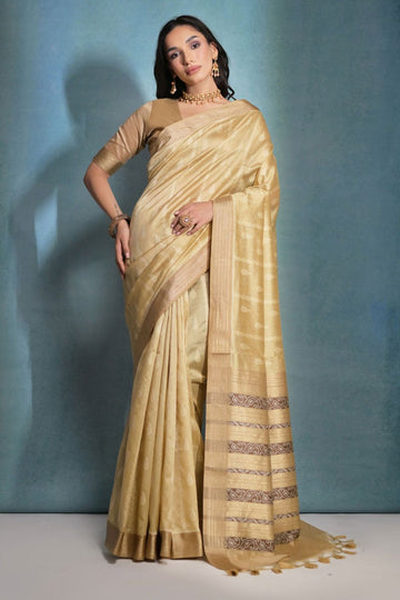 Cream Raw Silk Woven Party Wear Saree