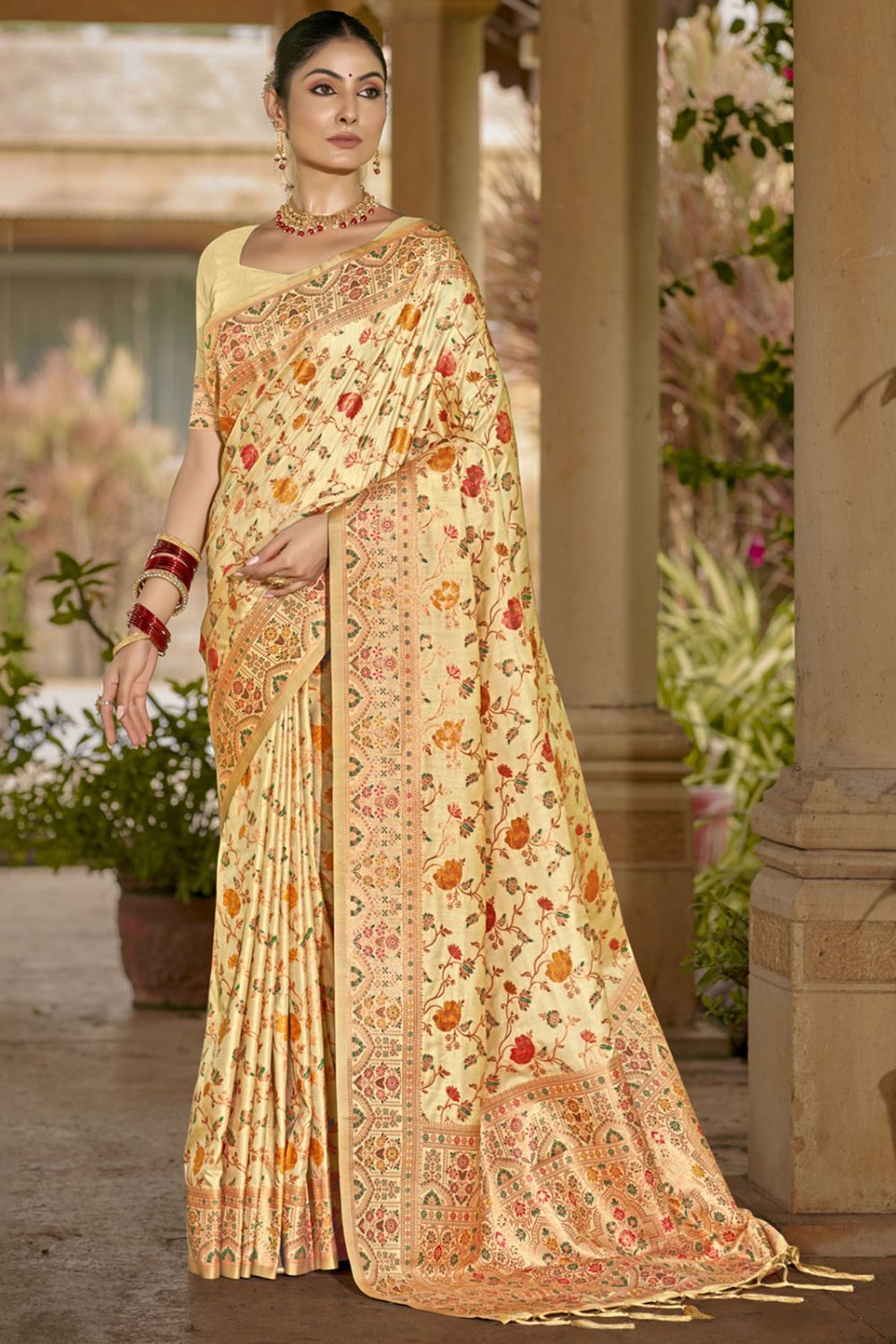 Cream Silk Woven Work Saree