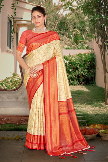 Cream Zari Weaving Work Silk Saree