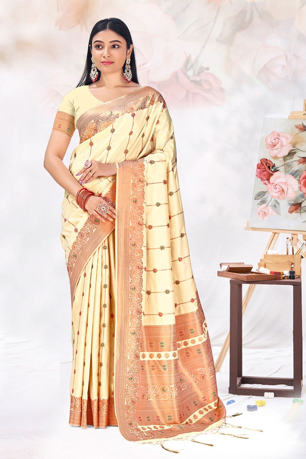 Cream Silk Zari Woven Saree