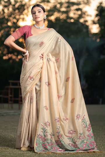 Cream Soft Modal Silk Party Wear Saree