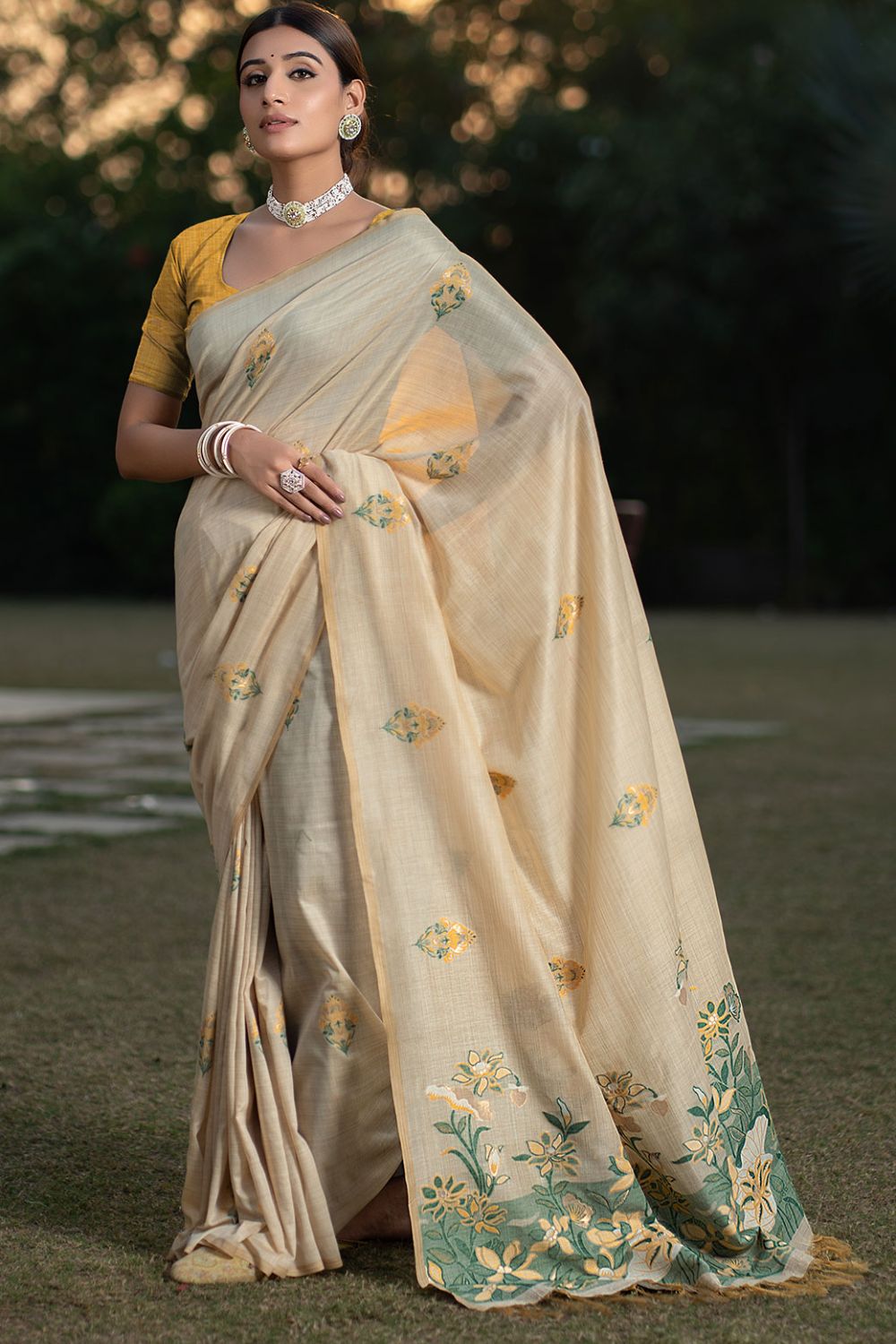 Cream Soft Modal Silk Party Wear Saree