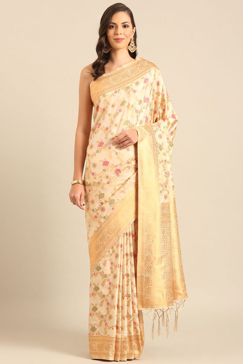 Cream Woven Banarasi Silk Saree