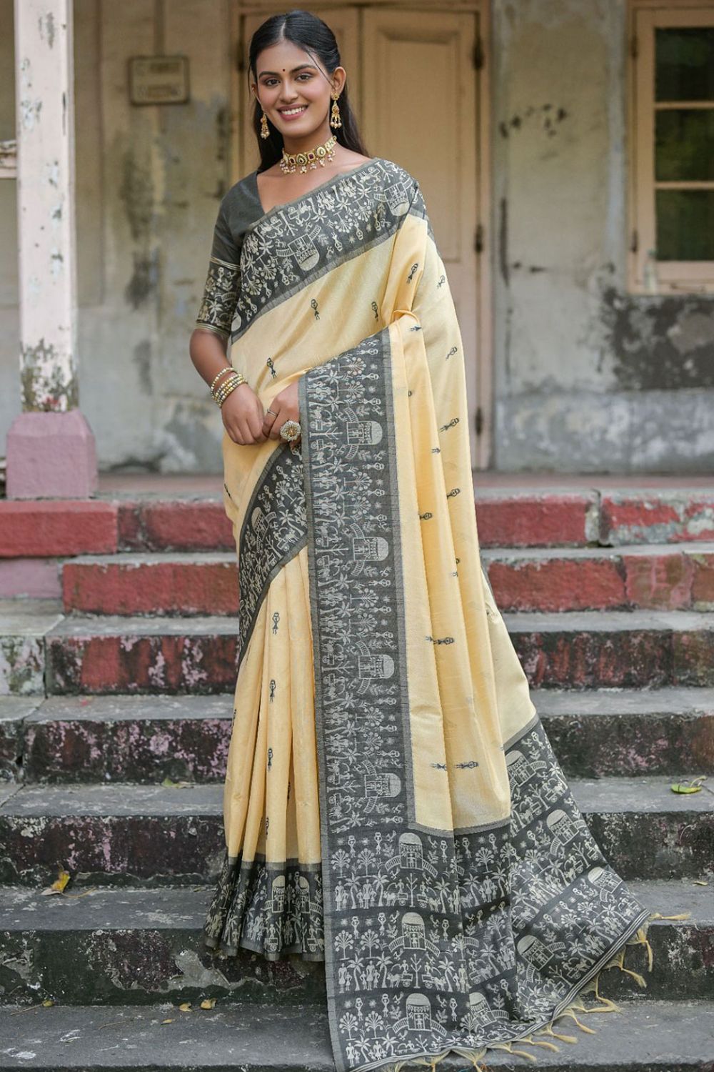 Cream Woven Handloom Raw Silk Saree for Party