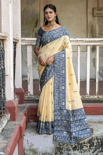 Cream Woven Handloom Raw Silk Saree for Party