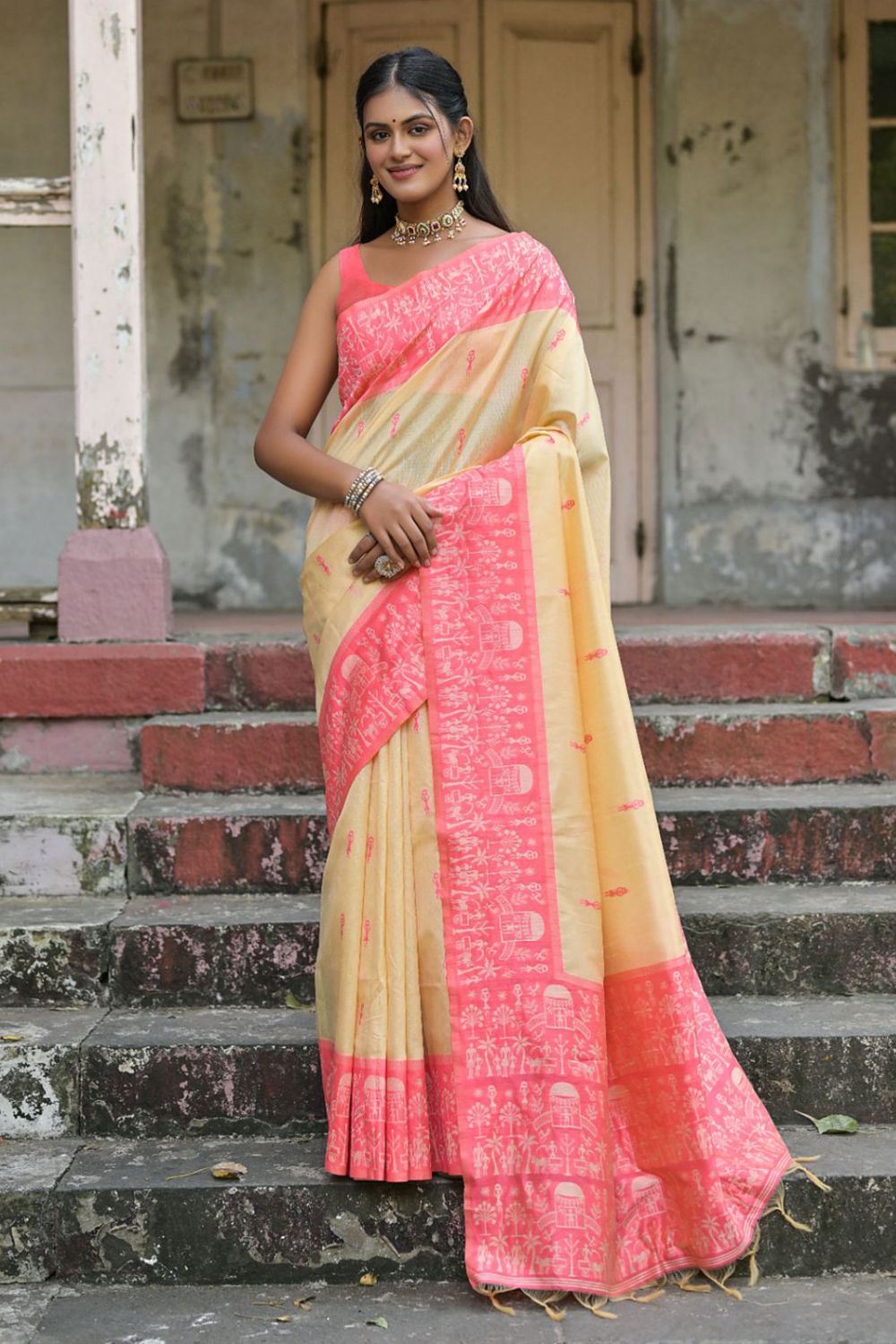 Cream Woven Handloom Raw Silk Saree for Party