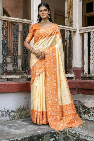 Cream Woven Handloom Raw Silk Saree for Party