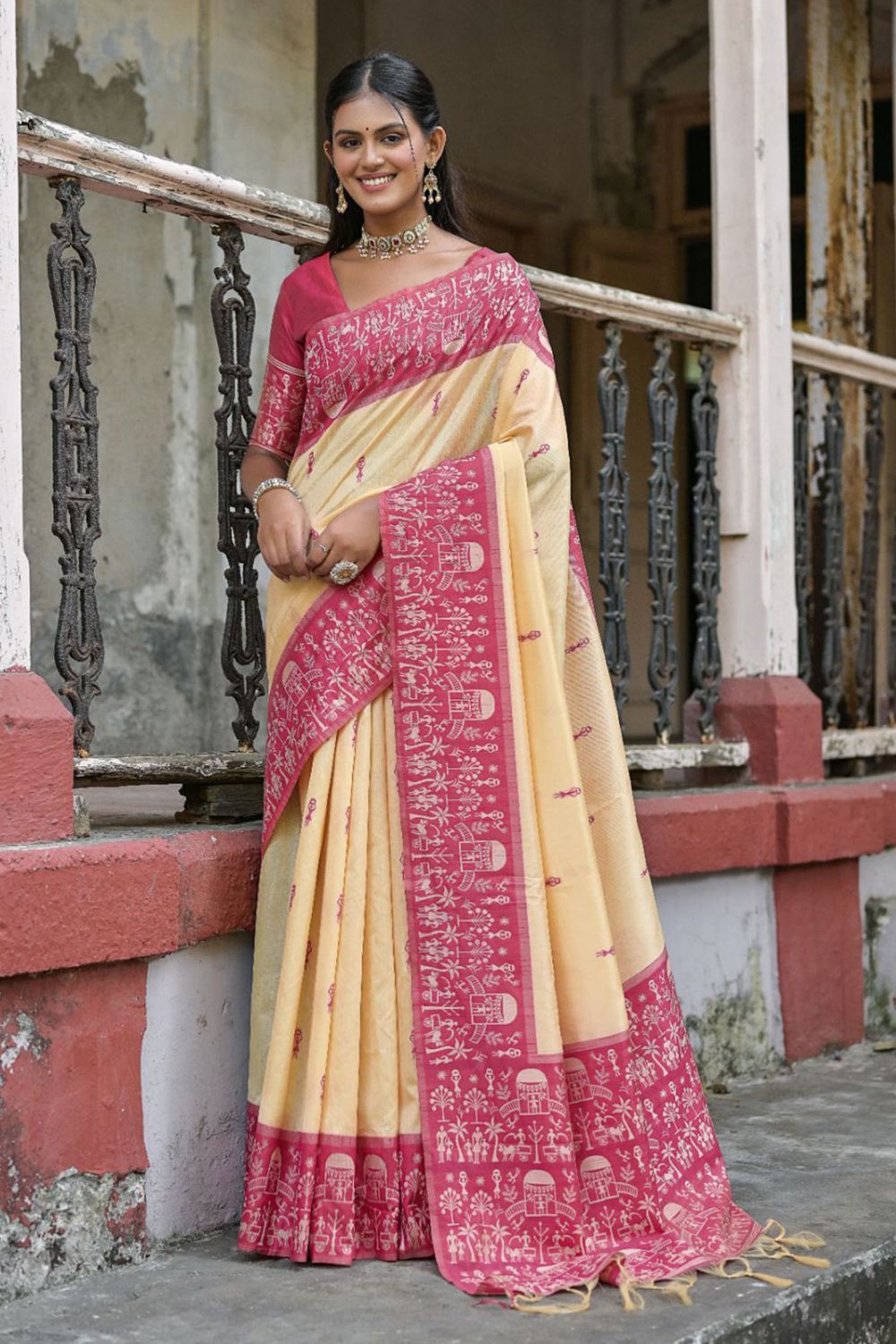 Cream Woven Handloom Raw Silk Saree for Party