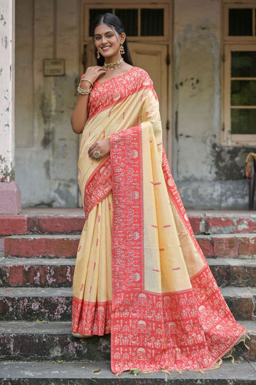 Cream Woven Handloom Raw Silk Saree for Party