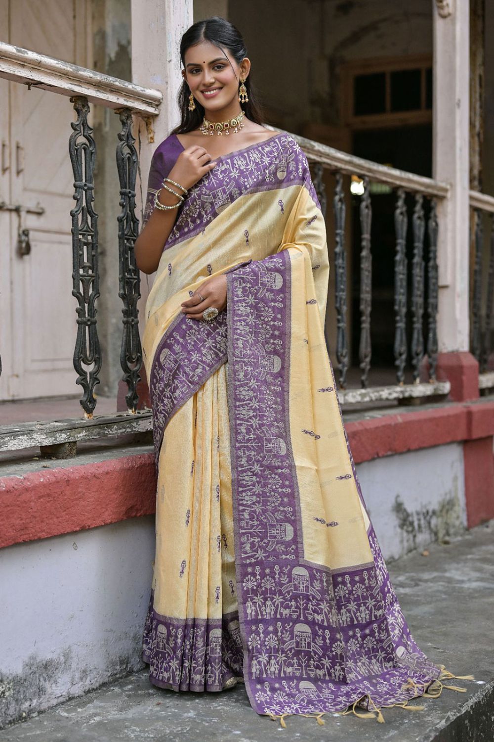 Cream Woven Handloom Raw Silk Saree for Party