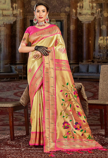 Cream Woven Paithani Silk Saree for Festival