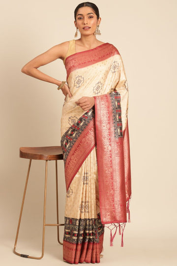 Cream Silk Weaving Work Saree for Festival