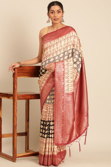 Cream Silk Weaving Work Saree for Festival