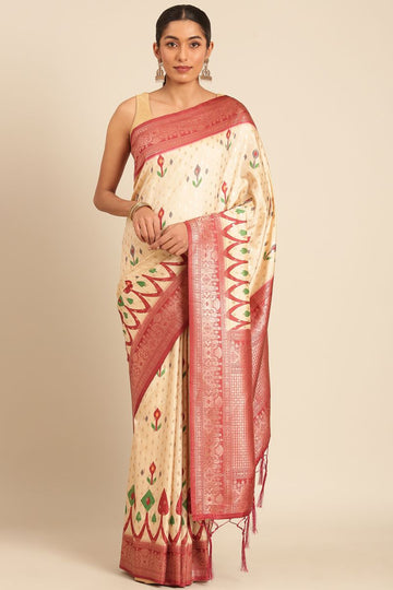 Cream Silk Weaving Work Saree for Festival