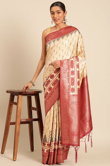 Cream Silk Weaving Work Saree for Festival