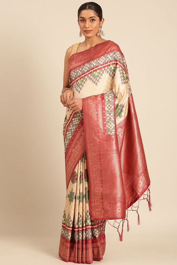 Cream Silk Weaving Work Saree for Festival