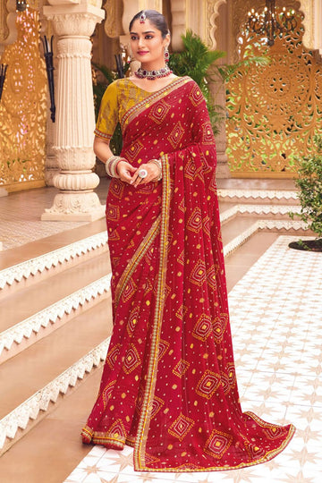 Crimson Red Bandhani Print Georgette Chiffon Saree for Party