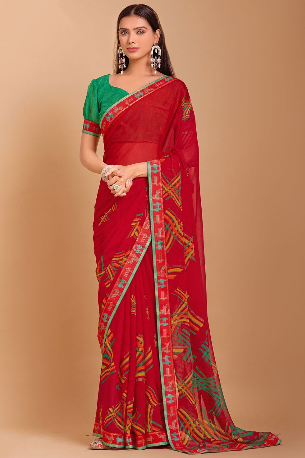 Crimson Red Digital Printed Chiffon Casual Wear Saree