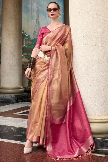 Dusty Apricot Tissue Silk Weaving Work Saree