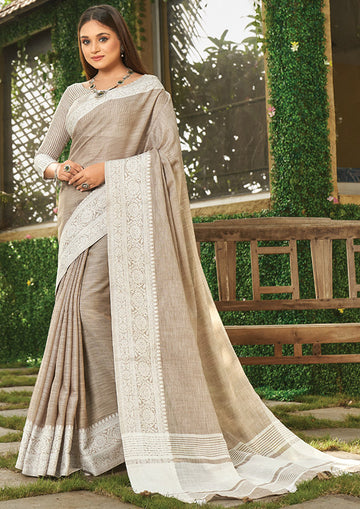 Dusty Beige Chikankari Printed Linen Saree for Party