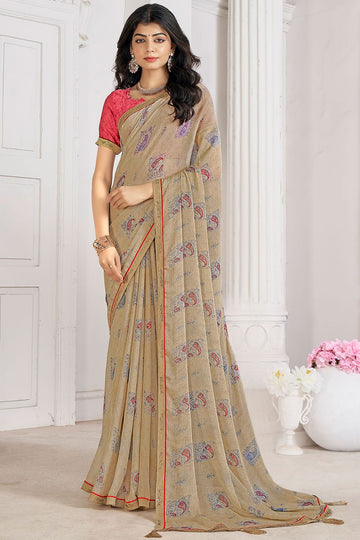 Dusty Beige Digital Printed Chiffon Casual Wear Saree