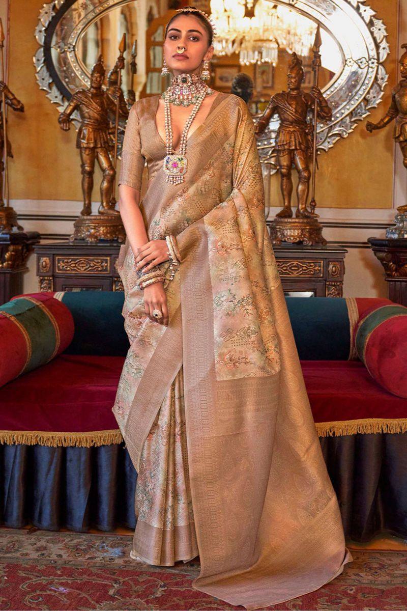 Dusty Beige Tussar Silk Saree with Digital Print