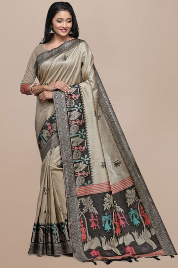 Dusty Beige Raw Silk Saree with Kalamkari Design